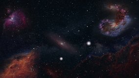 Space flight into a star field. 3D rendering of Fly through in a space galaxy in the universe. Abstract Sci-fi Video with Space, Galaxies, Nebulae