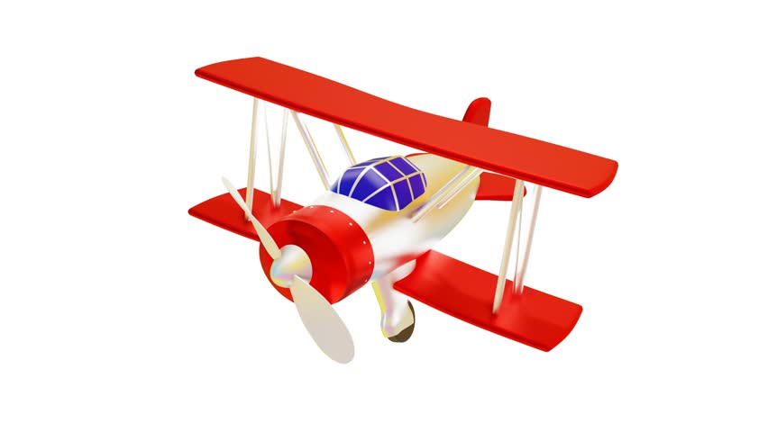 3D model of a toy biplane with a rotating propeller on a white background. animated looping splash screen. 3d render