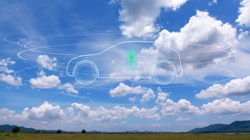 Electric vehicle car in the hologram on cloud sky time lapse with environment ecology sign hologram sustainable clean energy. | Shutterstock HD Video #1100183177