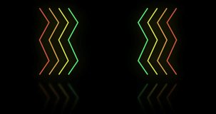 Animation of multi coloured neon zig zag lines on black background. Neon, light and movement concept digitally generated video.