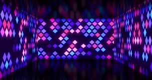 Animation of flickering multi coloured neon diamond pattern on black background. Neon, light and movement concept digitally generated video.