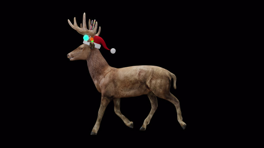 Santa's Reindeer Fast Walk View From Side,Animation.Full HD 1920×1080. Transparent Alpha Video. LOOP.