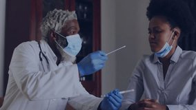 Animation of african american male doctor taking swab of female patient and molecules. Global medicine, science, digital interface, computing and data processing concept digitally generated video.