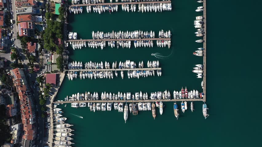 Drone view of beautiful marina with many boats and yachts in Fethiye, Turkiye