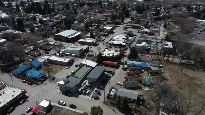 Lava Hot Springs Idaho USA. Aerial View of Main Street and Neighborhood of Sunny Late Fall Day, Drone Shot