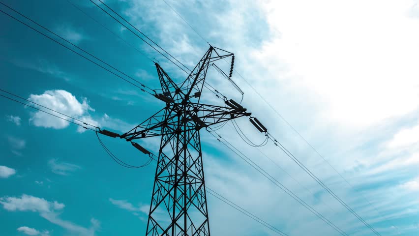 The current flows through the high voltage line， high voltage ，Current flows through wires | Shutterstock HD Video #1100189123