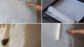 Painting a white wall, repairing a collage with a roller. Renovating with white color paint