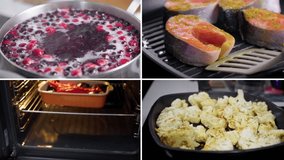 Cooking homemade food, compote, salmon fish, eggplant, cauliflower steaks, collage