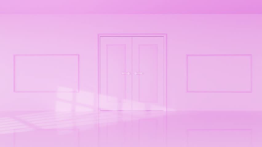 Doors open in a pink room and a bright shining light shines behind them, the camera moves into the doorway, minimalistic design, 3d render Royalty-Free Stock Footage #1100192677