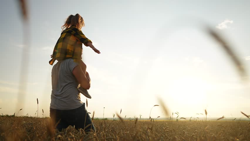 father and daughter in the park. happy family a behind his back walking in a wheat field silhouette. happy family kid dream concept. father and daughter piggyback happy family sunset Royalty-Free Stock Footage #1100192887