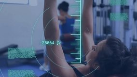 Animation of data processing and scope scannnig over caucasian people at gym. Global sport and digital interface concept digitally generated video.