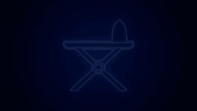 Glowing neon line Electric iron and ironing board icon isolated on black background. Steam iron. 4K Video motion graphic animation.