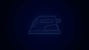 Glowing neon line Electric iron icon isolated on black background. Steam iron. 4K Video motion graphic animation.