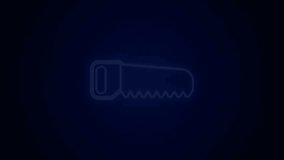 Glowing neon line Hand saw icon isolated on black background. 4K Video motion graphic animation.