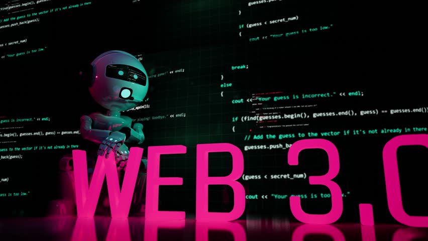 web 3.0 animation with robot chatbot and writing code language programming in background nad pink word futuristic look style Royalty-Free Stock Footage #1100194661