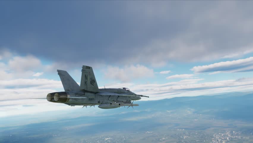 F-18 fighter jet flying above the clouds, armed with missiles. Computer animation