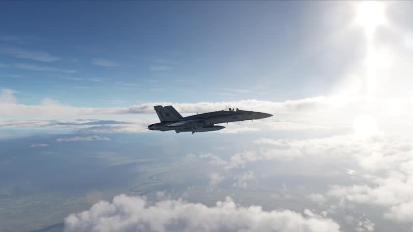 F-18 fighter jet flying above the clouds, armed with missiles. Computer animation