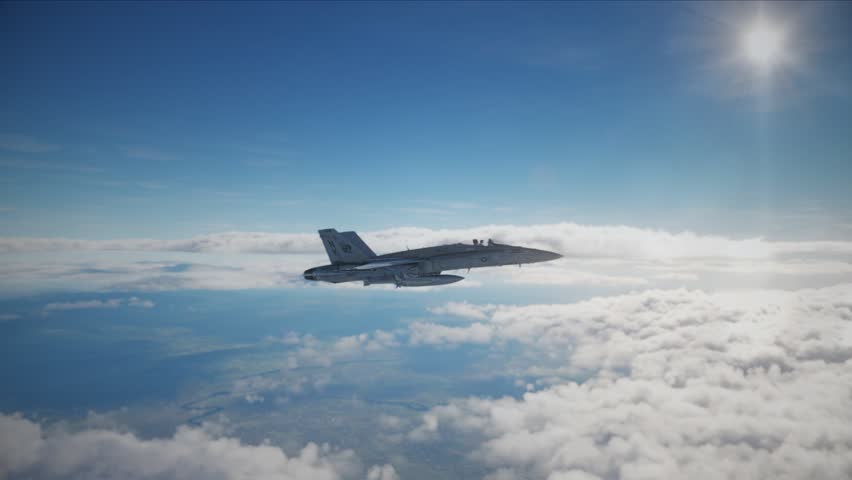 F-18 fighter jet flying above the clouds, armed with missiles. Computer animation