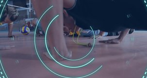 Animation of scope scanning over diverse male volleyball players doing push ups. Global sport and digital interface concept digitally generated video.