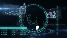 Animation of data processing and scope scanning over african american male rugby player. Global sport and digital interface concept digitally generated video. - Powered by Shutterstock - Get 15% off with code: PIKWIZARD15