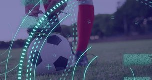 Animation of data processing and scope scanning over caucasian male soccer player. Global sport and digital interface concept digitally generated video.