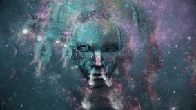 Mystic woman's face in starry sky. Animated 4K video