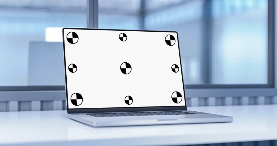 Laptop with blank green screen in industrial office or medical interior. Smooth camera movement around object with bokeh background. Luma matte, chroma key and tracking mask included. | Shutterstock HD Video #1100199535