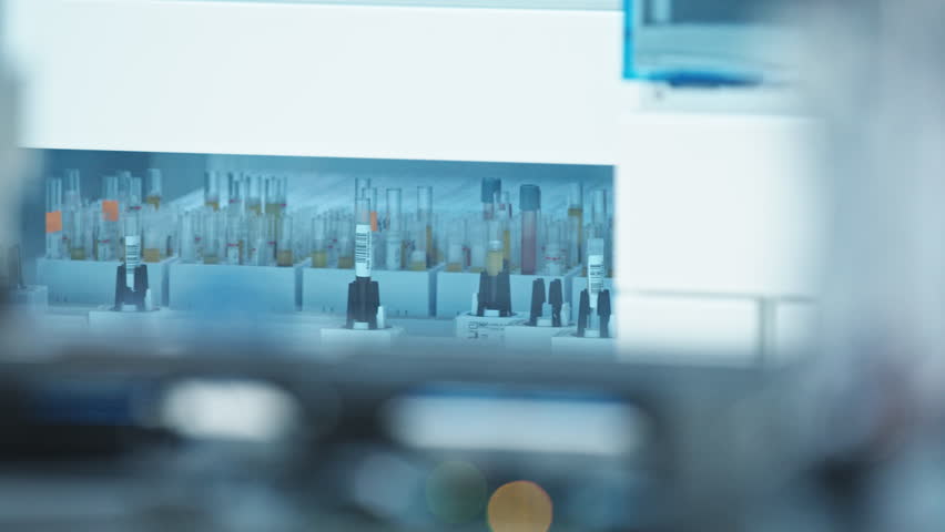 A line of an automated lab working in the background. Blurred foreground. Lab concept. Healthcare concept. High quality 4k footage | Shutterstock HD Video #1100201889