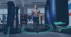 Animation of scope scanning and data processing over caucasian man jumping rope at gym. Global sport and digital interface concept digitally generated video.