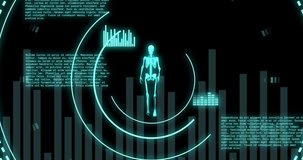 Animation of data processing with scope scanning and human skeleton on black background. Global technology, computing and digital interface concept digitally generated video.