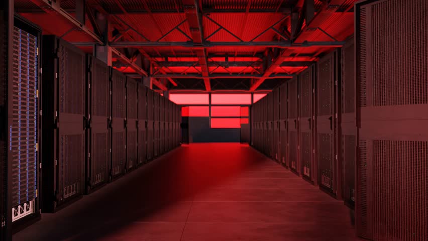 Slow dolly out in server room of massive warehouse - red blinking light Royalty-Free Stock Footage #1100206401