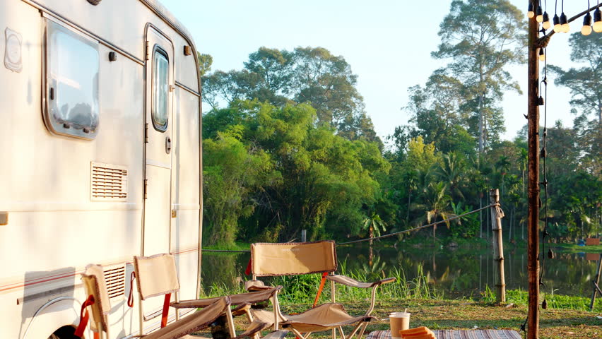 Teenager woman open door of car NV in vacations of traveling in morning and exercise with stretch arm, girl standing and relax in weekend, travel and camping, leisure in holiday, one person.