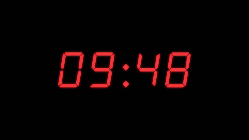 4-digits 10 seconds digital clock count-up timer. Red digits on black colour bg. Retro digital alarm clock concept