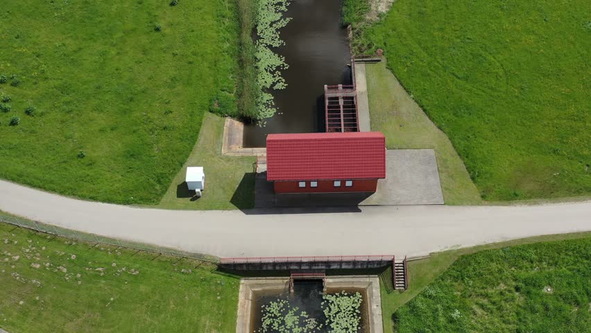 Canals, polders and water pumping station  in Nemunas delta, aerial view
