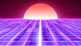 Abstract purple glowing neon laser grid retro futuristic high tech from 80s, 90s with energy lines on surface and horizon with sun, abstract background. Video 4k, motion design