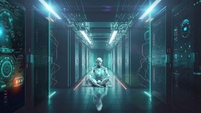Featuring a long, modern server room hallway and a white android robot sitting at its center, this video brings the concept of AI to life - Powered by Shutterstock - Get 15% off with code: PIKWIZARD15