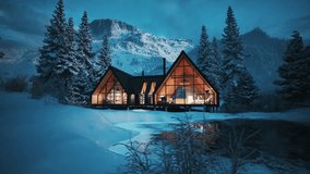 Winter cottage in the forest. Dusk lanscape with winter cottage. Winter lanscape with hotel. Lonely house in the winter forest. Cozy private house in the mountains. 3d visualization - Powered by Shutterstock - Get 15% off with code: PIKWIZARD15
