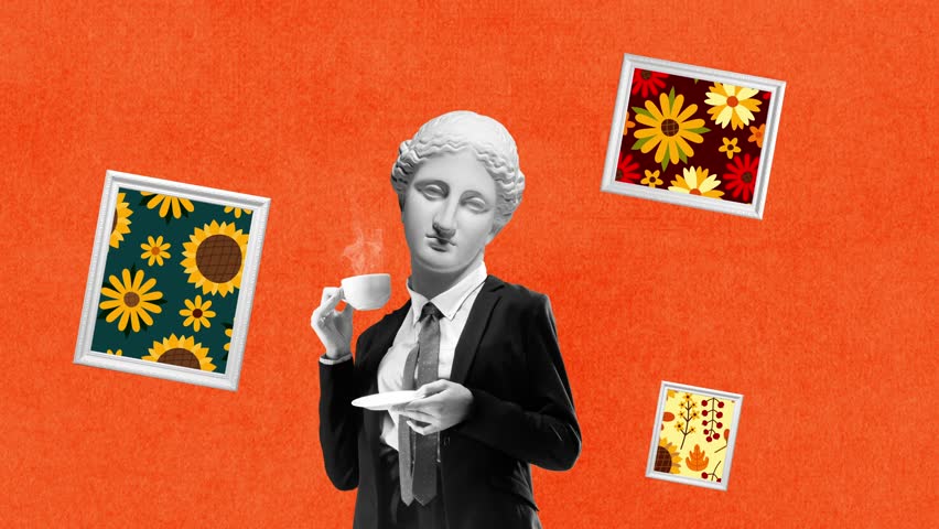Stop motion, animation. At exhibition of paintings. Comparison of eras. Woman in business suit with ancient statue head drinking coffee on bright background with paintings. Inspiration, magazine style Royalty-Free Stock Footage #1100214991