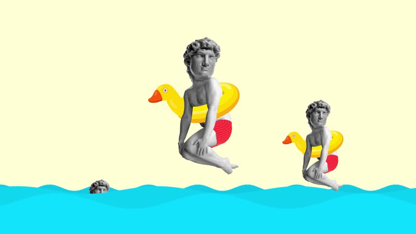Stop motion, animation. Composition with young man in swimming shorts headed of ancient statue head jumping into sea. Comparison of eras. Modern design, contemporary creative art. Trendy urban style. Royalty-Free Stock Footage #1100214997