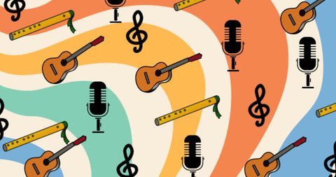 Illustrated music guitar mic 2D background video clip motion with vintage retro color 스톡 비디오