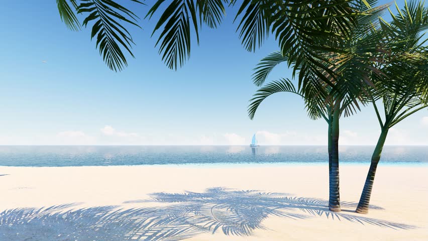 4K Ultra HD. Blue ocean sand beach nature tropical palms Island. Hotel beach. 3d animation. Landscape Island. Palms turquoise sea background Atlantic ocean.   | Shutterstock HD Video #1100215881