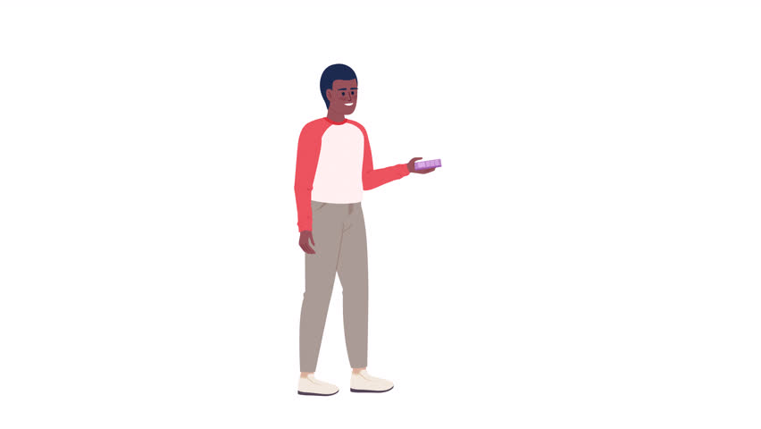 Animated guy clicking remote control. Managing devices. Student showing presentation. Flat character animation on white background with alpha channel transparency. Color cartoon style 4K video footage