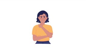 Animated woman feeling doubtful. Overthinking thoughts. Problem solving. Flat character animation on white background with alpha channel transparency. Color cartoon style 4K video footage