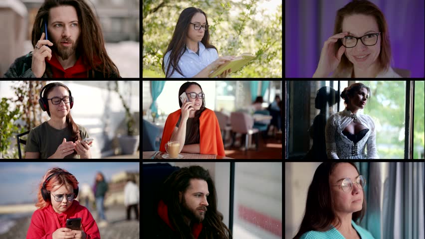 Collage of people diverse portrait, men, women and children in different situations of life | Shutterstock HD Video #1100217783