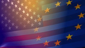 Computer graphic and double exposure of the flag of the European Union waving against the background of the flag of the USA. Symbols of Freedom and Democracy. Collective West. - Powered by Shutterstock - Get 15% off with code: PIKWIZARD15