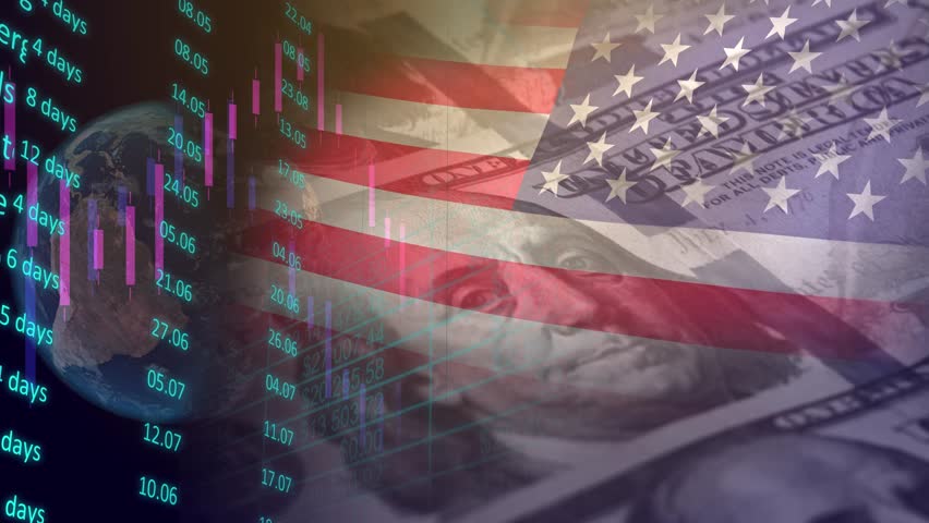 Computer graphics and double exposure against the background of US dollars, the US flag flutters and the globe spins with a calendar plan. Global financial interests and world hegemony. Royalty-Free Stock Footage #1100219405