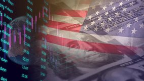 Computer graphics and double exposure against the background of US dollars, the US flag flutters and the globe spins with a calendar plan. Global financial interests and world hegemony. - Powered by Shutterstock - Get 15% off with code: PIKWIZARD15