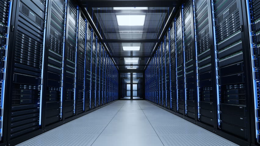 Establishing Shot of Working Data Center. Advanced Cloud Computing Concept. Corridor with Server Racks with Blinking Lights. - Powered by Shutterstock - Get 15% off with code: PIKWIZARD15