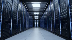 Establishing Shot of Working Data Center. Advanced Cloud Computing Concept. Corridor with Server Racks with Blinking Lights. - Powered by Shutterstock - Get 15% off with code: PIKWIZARD15