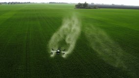 agrodrone treats fields with insect repellant from the air. Sprayers Agrodrone live.Quadcopter flight over the field, help in fertilizer, pesticides. Top view of sprays fertilizer on agricultural - Powered by Shutterstock - Get 15% off with code: PIKWIZARD15